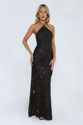 The Sparkling Muse Sequin Halter Maxi Dress Black