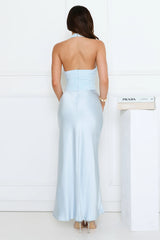 Petal Lane Mesh Satin Halter Maxi Dress Blue