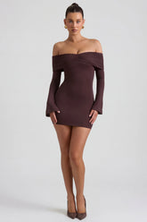 Modal-Cashmere Blend Off-Shoulder Ruched Mini Dress in Espresso
