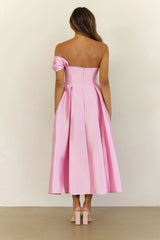 Timeless Satin Folded Off Shoulder Midi Dress Pink