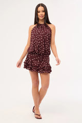 Perfect Stranger Kori Halter Mini Dress Burgundy Polka