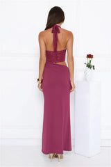 Sway In Moonbeams Halter Lace Maxi Dress Plum