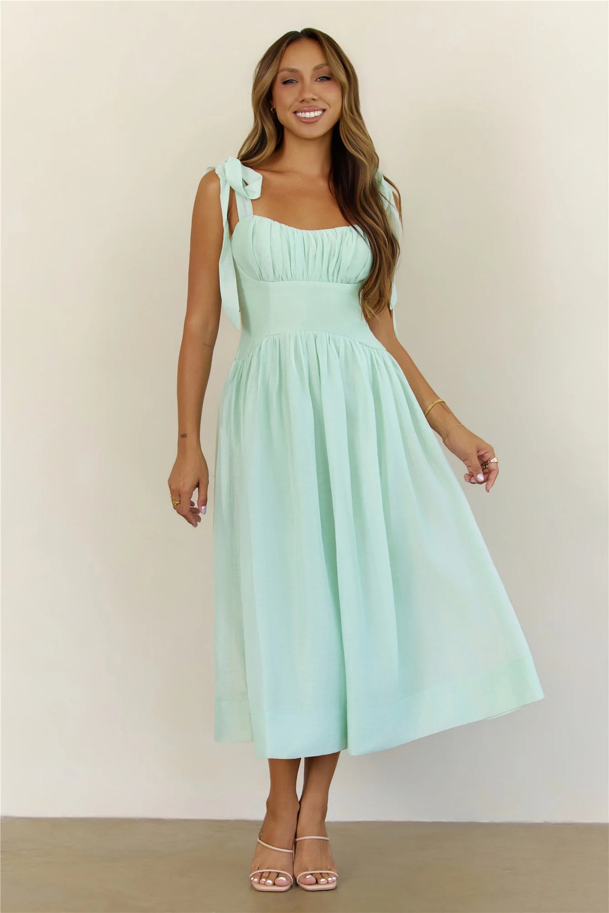 Sweetest Escape Ruched Tie Shoulder Midi Dress Mint