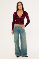 Luck & Trouble Bridie Flocked Long Sleeve Top Burgundy