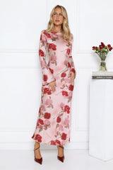 Scent Of Roses Long Sleeve Satin Maxi Dress Pink
