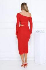 More To Want Long Sleeve Mesh Midi Dress Red