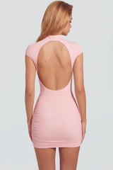 Jersey Turtleneck Ruched Backless Mini Dress in Pink