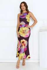 Sunflower Soirée Satin Maxi Dress Purple