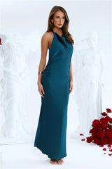 Hot Girl Soirée Halter Satin Midi Dress Teal