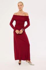 Perfect Stranger Rosetta Off shoulder Long Sleeve Maxi Dress Burgundy