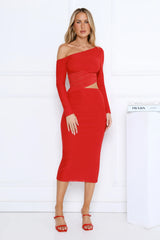 More To Want Long Sleeve Mesh Midi Dress Red
