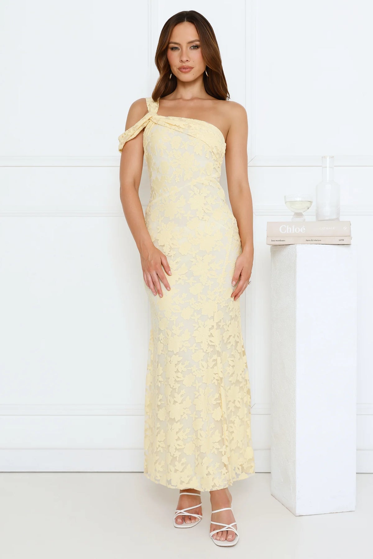Velour Glow One Shoulder Maxi Dress Yellow