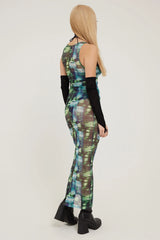 Neovision Distorted Dimension Mesh Maxi Dress Green Print