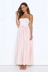 Glossed Over Strapless Satin Pleated Maxi Dress Pink