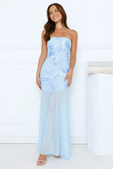Timeless Affair Strapless mesh Maxi Dress Blue