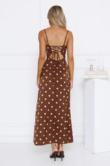 Staple Trend Polka Dot Satin Maxi Dress Brown