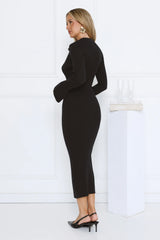 Snow Kiss Soirée Ribbed Midi Dress Black
