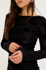 Luck & Trouble Ulla Flocked Long Sleeve Mini Dress Black