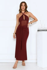 Luxe Darling Halter Mesh Maxi Dress Burgundy