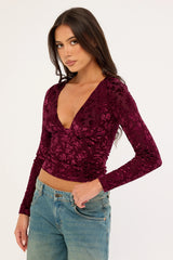 Luck & Trouble Bridie Flocked Long Sleeve Top Burgundy