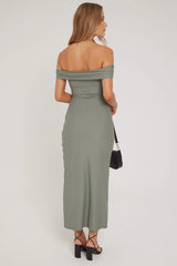 Luck & Trouble Off Shoulder Maxi Dress Khaki Green