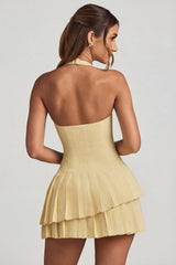 Asymmetric Layered Halterneck Mini Dress in Pastel Yellow