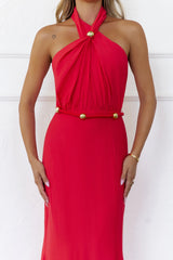 Gilded Dusk Halter Maxi Dress Coral