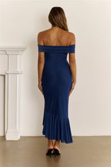 Daily Glow Off Shoulder Mesh Midi Dress Navy