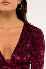 Luck & Trouble Bridie Flocked Long Sleeve Top Burgundy