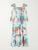 Shirred floral-print cotton midi dress