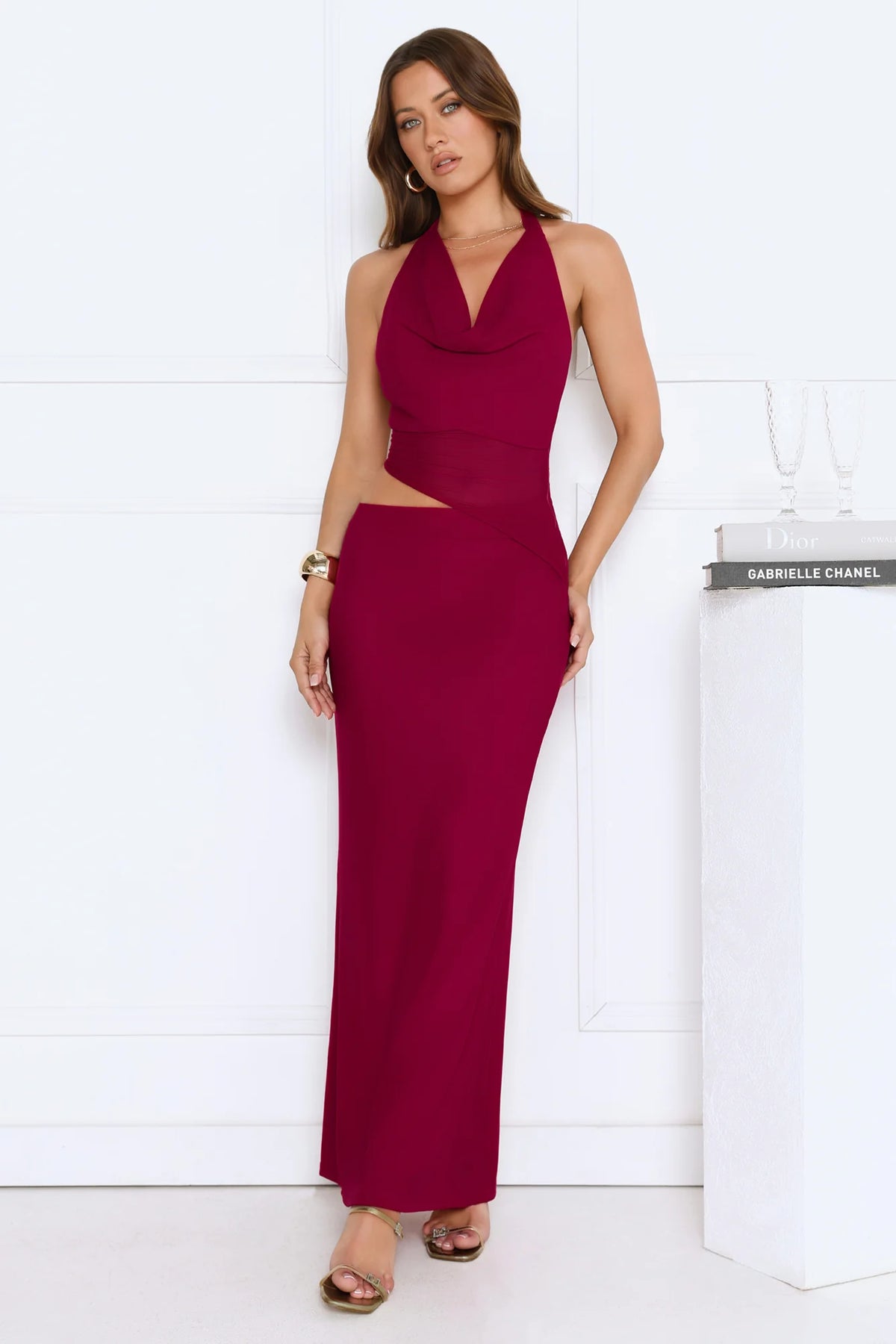 Bloomlit Nights Halter Maxi Dress Red