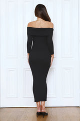 Chilled Luxe Off Shoulder Knit Maxi Dress Black