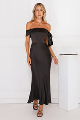 The Hype Off Shoulder Satin Midi Dress Black