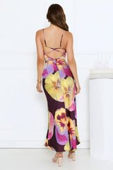 Sunflower Soirée Satin Maxi Dress Purple