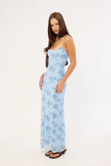 Luck & Trouble Claudia Lace Up Flocking Maxi Dress Blue