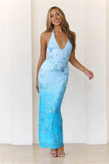 Style Iconic Mesh Embellished Halter Maxi Dress Blue