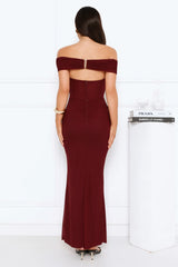 Swan Song Off Shoulder Mesh Maxi Dress Burgundy