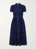 Belted embroidered lace-trimmed ramie midi dress