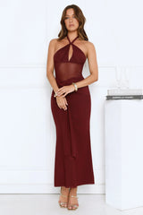Luxe Darling Halter Mesh Maxi Dress Burgundy