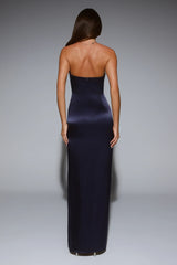 Sleek Aura Strapless Satin Maxi Dress Navy