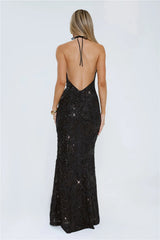 The Sparkling Muse Sequin Halter Maxi Dress Black