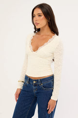 Luck & Trouble Matilde Lace Long Sleeve Top Cream