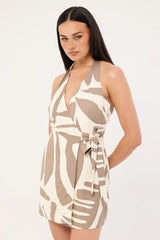 Perfect Stranger Shea Wrap Halter Mini Dress Taupe Print