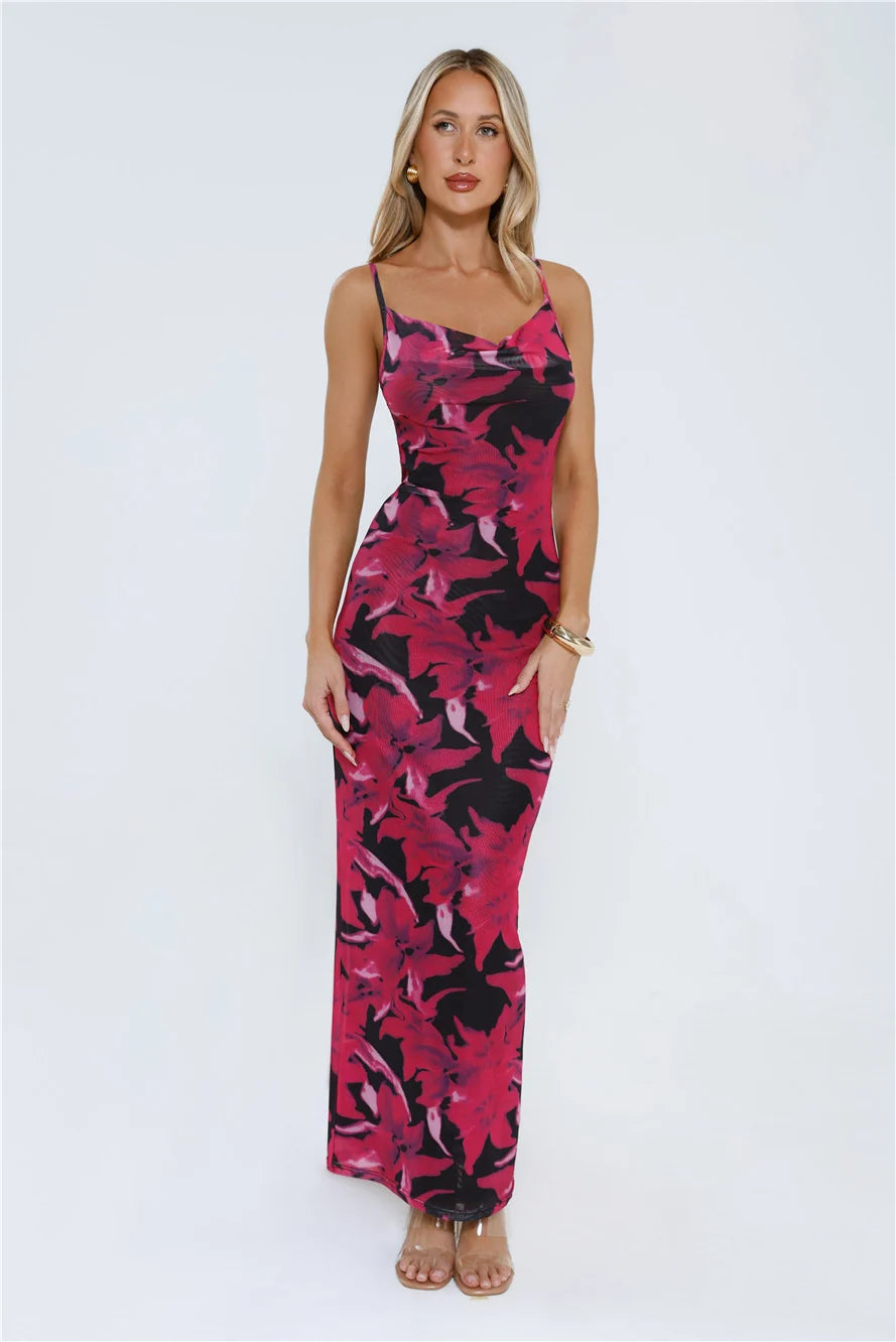 Flower Spark Mesh Maxi Dress Pink