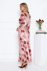 Scent Of Roses Long Sleeve Satin Maxi Dress Pink