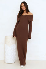 Simple Silhouettes Knit Off Shoulder Maxi Dress Brown