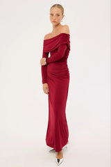 Perfect Stranger Rosetta Off shoulder Long Sleeve Maxi Dress Burgundy