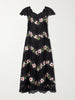 Floral-print faille and lace midi dress