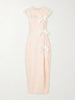 Lace-trimmed bow-detail printed silk-jacquard midi dress