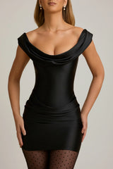 Satin Off-Shoulder Draped Mini Dress in Black
